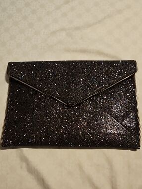 NWT Rebecca Minkoff Black Glitter Leo Envelope Clutch